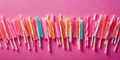 The primary subject of the image is a row of colorful candy lollipops. The lollipops are arranged in a neat line, with each one varying in color and size. The setting is a pink background, which adds a vibrant and playful touch to the scene. The visual style of the image is a close-up of the lollipops, showcasing their details and colors. The overall atmosphere of the image is cheerful and fun, as the lollipops are a popular treat
