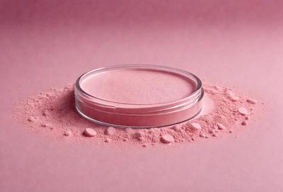 The primary subject of the image is a pink powdery substance, likely a makeup product, placed in a glass dish. The setting is a pink background, which complements the color of the powder. The visual style appears to be a close-up of the powder, showcasing its texture and appearance. The colors and mood of the image are predominantly pink, creating a soft and feminine atmosphere.