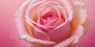 The primary subject of the image is a pink rose with drops of water on it. The rose is the main focus of the image, and it is set against a backdrop of water droplets. The visual style of the image is a close-up of the rose, showcasing its details and texture. The colors in the image are predominantly pink, which gives the image a warm and romantic atmosphere.