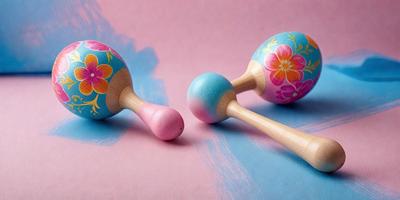The primary subject of the image is a pair of wooden balls with floral designs on them. They are placed on a pink and blue surface, which could be a table or a painting. The setting appears to be a creative and artistic environment, possibly a workshop or a studio. The visual style of the image is a combination of photo and digital art, as the wooden balls are depicted with a vibrant and colorful floral pattern. The overall atmosphere of the image is lively and cheerful, with the wooden