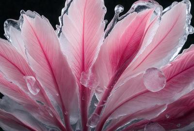 The primary subject of the image is a close-up of a pink flower with droplets of water on it. The setting is a dark background, which contrasts with the bright pink flower. The visual style is a photo, capturing the beauty of the flower in its natural environment. The colors and mood of the image are predominantly pink, creating a warm and inviting atmosphere.