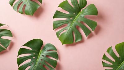The image features a pink background with several large green leaves arranged on it. The leaves are placed in various positions, creating a visually appealing and natural scene. The primary subject of the image is the green leaves, which are the main focus and contribute to the overall atmosphere of the picture.
