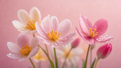The primary subject of the image is a bouquet of flowers, with a focus on the water droplets on the petals. The flowers are pink and white, and they are placed against a pink background. The visual style of the image is a close-up of the flowers, showcasing the details of the water droplets. The colors and mood of the image are soft and delicate, with the pink and white flowers creating a sense of warmth and elegance.