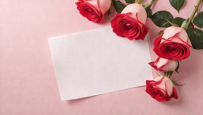 The primary subject of the image is a blank card with a rose on it. The card is placed on a pink surface, which adds a warm and romantic touch to the scene. The visual style of the image is a photo, capturing the details of the card and the rose. The colors and mood of the image are predominantly pink, creating a sense of love and affection.