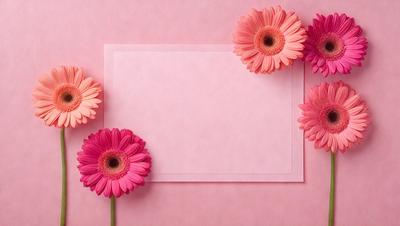 The primary subject of the image is a pink card with a flower design on it. The card is placed on a pink background, which creates a warm and inviting atmosphere. The visual style of the image is a photo, capturing the details of the card and the flower design. The colors and mood of the image are predominantly pink, giving it a feminine and delicate appearance.