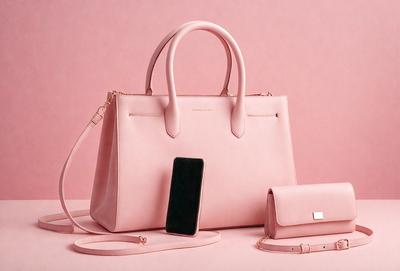 The primary subject of the image is a pink handbag. The handbag is placed on a pink surface, which creates a cohesive and visually appealing scene. The handbag is accompanied by a cell phone and a wallet, both of which are also pink in color. The visual style of the image is a close-up of the handbag and its accessories, emphasizing the pink color scheme and the overall mood of the scene.