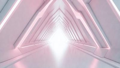 The primary subject of the image is a long, narrow hallway with a pink lighting effect. The hallway is lined with white pillars, creating a visually striking and unique atmosphere. The setting appears to be a futuristic or modern space, possibly a museum or an art installation. The visual style of the image is a combination of digital art and photography, resulting in a striking and memorable scene. The colors and mood of the image are predominantly pink, giving it a warm and inviting feel