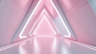 The primary subject of the image is a pink room with a white wall. The setting is a hallway with a pink floor and a white wall. The visual style is a photo, and the colors and mood are predominantly pink and white, creating a warm and inviting atmosphere.