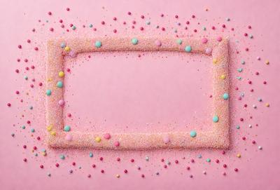 The primary subject of the image is a pink surface with a frame made of candy. The setting is a pink background, and the visual style is a combination of photo and digital art. The colors are predominantly pink, and the overall atmosphere is playful and fun.
