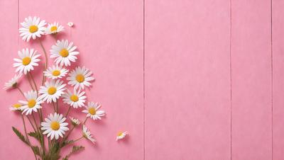 The primary subject of the image is a bouquet of white flowers, specifically daisies, arranged in a vase. The flowers are placed against a pink wall, creating a visually appealing contrast between the white flowers and the pink background. The visual style of the image is a photo, capturing the beauty of the flowers and their surroundings. The colors and mood of the image are predominantly white and pink, evoking a sense of freshness and warmth.