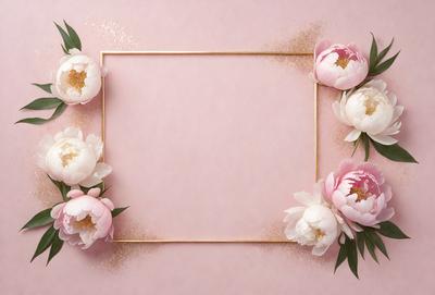 The primary subject of the image is a pink frame with a gold border, adorned with white flowers. The setting is a pink background, which complements the frame and flowers. The visual style is a combination of photo and digital art, creating a realistic yet artistic representation of the flowers and frame. The colors and mood of the image are predominantly pink and warm, evoking a sense of elegance and beauty.