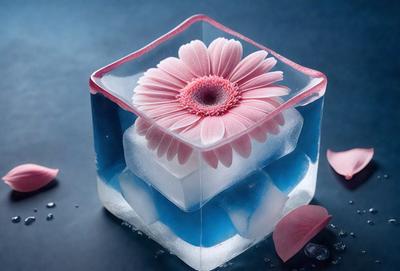 The primary subject of the image is a flower, specifically a pink flower, placed inside a blue and red cube. The setting is a dark background, which contrasts with the bright colors of the flower and the cube. The visual style appears to be a close-up of the flower in the cube, showcasing its details. The colors and mood of the image are vibrant and lively, with the pink flower standing out against the blue and red cube.