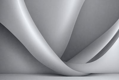 The primary subject of the image is a large, curved, and folded piece of white paper. The paper is positioned in the center of the image, and its folded edges create a visually striking pattern. The setting is a white background, which emphasizes the paper's shape and texture. The visual style of the image is a close-up, focusing on the paper's details. The colors and mood of the image are predominantly white, giving it a clean and minimalist appearance.