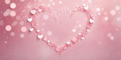 The primary subject of the image is a heart-shaped design made of pink hearts. The hearts are scattered across the surface, creating a visually appealing pattern. The setting is a pink background, which complements the heart design. The visual style is a combination of digital art and illustration, as the hearts are arranged in a deliberate manner. The colors and mood of the image are predominantly pink, creating a warm and inviting atmosphere.