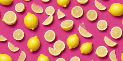 The primary subject of the image is a close-up of a lemon, which is the main object in the scene. The setting is a pink background, which adds a vibrant and lively atmosphere to the image. The visual style is a close-up photo of the lemon, showcasing its details and texture. The colors and mood of the image are predominantly pink, which gives it a warm and inviting feel.