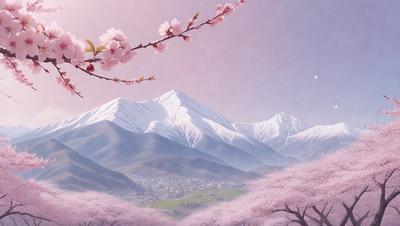 Primary subject: A mountain with a pink flower branch on top.

Setting/background: A beautiful mountain range with a city in the valley below.

Visual style: Digital art.

Colors and mood: The image is predominantly pink, with the mountain range and the flower branch adding a touch of natural beauty to the scene. The overall atmosphere is serene and picturesque.