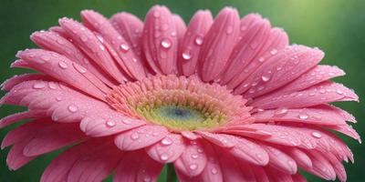 The primary subject of the image is a pink flower with a yellow center, surrounded by water droplets. The flower is located in the center of the image, and the water droplets are scattered around it, creating a visually appealing and moist atmosphere. The setting appears to be a garden or an outdoor environment, and the visual style is a close-up of the flower, emphasizing its beauty and details. The colors and mood of the image are predominantly pink and yellow, with a hint of