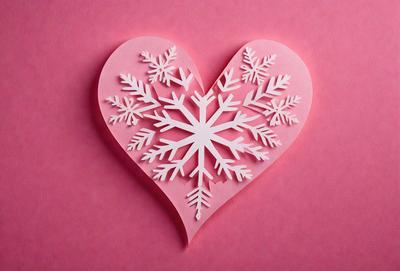 The primary subject of the image is a heart-shaped snowflake cutout. The heart is made of paper and is placed on a pink background. The visual style of the image is a combination of a photo and a drawing, giving it a unique and creative appearance. The colors and mood of the image are predominantly pink, which adds a warm and inviting atmosphere to the scene.