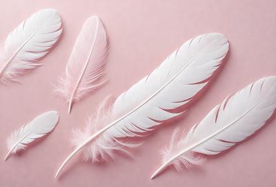 The primary subject of the image is a collection of white feathers, which are the primary focus of the scene. The feathers are arranged on a pink background, creating a visually appealing contrast between the white feathers and the pink surface. The visual style of the image is a close-up of the feathers, showcasing their intricate details and textures. The overall atmosphere of the image is serene and elegant, with the white feathers symbolizing purity and grace.