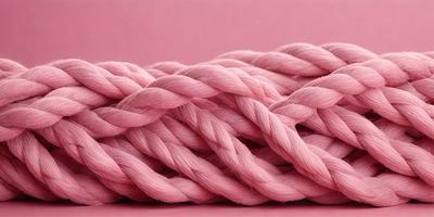 The primary subject of the image is a large pink rope. The rope is woven and appears to be made of yarn. The setting is a pink background, which complements the color of the rope. The visual style is a close-up of the rope, showcasing its texture and details. The colors and mood of the image are predominantly pink, creating a warm and inviting atmosphere.
