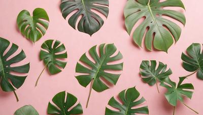 The image features a collection of green leaves arranged in various shapes and sizes. The leaves are displayed on a pink background, creating a visually appealing contrast. The leaves are arranged in a way that showcases their unique shapes and textures, making the image aesthetically pleasing. The primary subject of the image is the green leaves, which are the main focus of the scene.