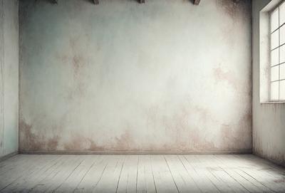 The primary subject of the image is a white wall with a brown texture. The setting is a room with a wooden floor. The visual style is a photo, and the colors and mood are predominantly white and neutral, creating a clean and minimalist atmosphere.