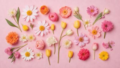 The primary subject of the image is a collection of various flowers, including pink, white, and yellow ones. These flowers are arranged in a visually appealing manner, creating a sense of harmony and beauty. The setting is a pink background, which adds a touch of warmth and elegance to the scene. The visual style of the image is a combination of photo and digital art, resulting in a high-quality and detailed representation of the flowers. The colors and mood of the image are predominantly warm and inviting