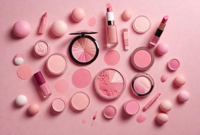 The primary subject of the image is a collection of makeup products, including various shades of pink and white. These makeup items are laid out on a pink surface, creating a visually appealing and cohesive display. The setting appears to be a studio or a makeup artist's workspace, where these products are showcased for potential customers or clients. The visual style of the image is a combination of photo and digital art, with the makeup items being photographed and then digitally manipulated to create