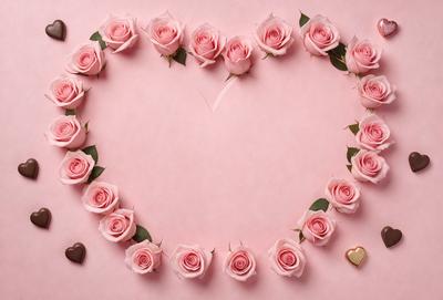 The primary subject of the image is a heart-shaped arrangement of pink roses. The heart is made up of numerous pink roses, creating a visually appealing and romantic display. The setting is a pink background, which complements the roses and adds to the overall mood of the image. The visual style is a close-up of the heart, allowing the viewer to appreciate the details of the roses and their arrangement. The colors and mood of the image are predominantly pink,