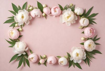 The primary subject of the image is a beautiful floral arrangement featuring white flowers. The flowers are arranged in a circular pattern, creating a visually appealing centerpiece. The setting is a pink background, which adds a touch of elegance to the scene. The visual style of the image is a close-up of the flower arrangement, showcasing the details of the flowers and their arrangement. The colors and mood of the image are predominantly white and pink, giving it a warm and inviting atmosphere.