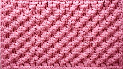 The primary subject of the image is a close-up of a knitted or crocheted pink fabric. The setting is a pink background, which complements the pink fabric. The visual style is a close-up of the fabric, showcasing its texture and details. The colors and mood of the image are predominantly pink, creating a warm and cozy atmosphere.