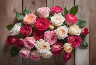 The primary subject of the image is a bouquet of flowers, predominantly pink and white, arranged in a vase. The flowers are placed on a wooden table, which serves as the setting and background of the scene. The visual style of the image is a close-up of the flowers, showcasing their beauty and details. The colors and mood of the image are predominantly warm and inviting, with the pink and white flowers creating a sense of freshness and elegance.
