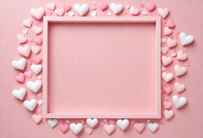 The primary subject of the image is a pink frame with a white background. The frame is adorned with numerous pink hearts, creating a visually appealing and heartwarming scene. The hearts are scattered all around the frame, filling the space with a sense of love and warmth. The overall atmosphere of the image is cheerful and inviting, making it an ideal decoration for a home or a special occasion.