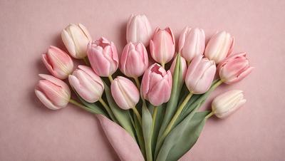 The primary subject of the image is a bouquet of pink and white tulips. The setting is a pink background, which adds a warm and vibrant touch to the scene. The visual style is a close-up of the flowers, showcasing their details and beauty. The colors and mood of the image are predominantly pink and white, creating a sense of freshness and elegance.
