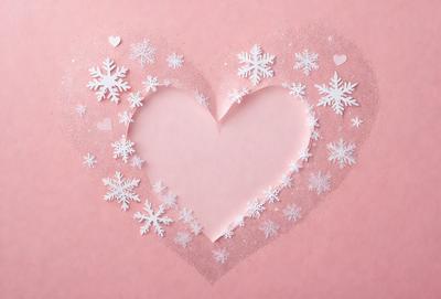The primary subject of the image is a heart-shaped cutout made from paper, with a pink background. The heart is decorated with white snowflakes, giving it a festive and wintery appearance. The visual style of the image is a combination of digital art and illustration, as the heart is cut out from a larger sheet of paper and the snowflakes are carefully placed to create a visually appealing design. The colors and mood of the image are predominantly pink and white, with