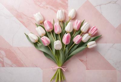 The primary subject of the image is a bouquet of pink and white tulips. The bouquet is placed on a pink background, which adds a touch of color to the scene. The visual style of the image is a close-up of the flowers, showcasing their details and beauty. The colors and mood of the image are predominantly pink and white, creating a sense of freshness and elegance.