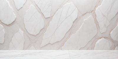 The primary subject of the image is a marble wall with a pattern of white and brown marble. The setting is a room with a white marble floor. The visual style is a photo of the marble wall, showcasing the natural texture and patterns of the marble. The colors and mood of the image are predominantly white and brown, giving the space a warm and elegant atmosphere.