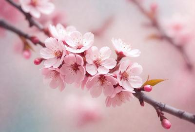 The primary subject of the image is a branch with pink flowers on it. The setting is a close-up of the branch, showcasing the beautiful pink flowers. The visual style is a realistic, natural representation of the branch and flowers. The colors and mood of the image are predominantly pink, creating a warm and inviting atmosphere.