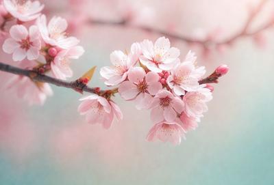 The primary subject of the image is a branch with pink flowers on it. The setting is a pink background, which adds to the overall mood of the image. The visual style is a close-up of the branch with flowers, showcasing the details of the pink petals. The colors and mood of the image are predominantly pink, creating a warm and inviting atmosphere.