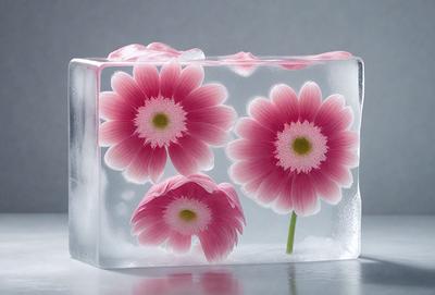 The primary subject of the image is a block of ice with flowers carved into it. The ice block is placed on a table, and the flowers are pink. The setting is indoors, and the visual style is a combination of photo and digital art. The dominant colors are pink and white, creating a delicate and elegant atmosphere.