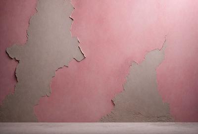 The primary subject of the image is a pink wall with peeling paint. The setting is a room with a concrete floor. The visual style is a photo, and the dominant colors are pink and white. The overall atmosphere is somewhat distressed or aged, possibly due to the peeling paint and the presence of a concrete floor.
