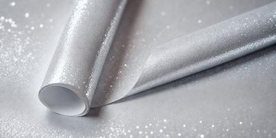 The primary subject of the image is a roll of silver glitter paper. The paper is shiny and reflective, giving it a metallic appearance. The setting is a table, and the visual style is a close-up of the paper. The colors and mood of the image are predominantly silver and reflective, creating a shiny and glittery atmosphere.