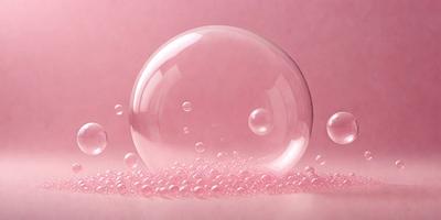 The primary subject of the image is a large, clear, and shiny bubble floating on a pink surface. The setting is a pink background, which adds a vibrant and warm atmosphere to the scene. The visual style is a close-up of the bubble, emphasizing its transparency and reflective properties. The colors and mood of the image are predominantly pink, creating a sense of warmth and softness.