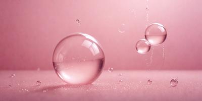 The primary subject of the image is a large, clear glass bubble. The setting is a pink background, which adds a warm and vibrant atmosphere to the scene. The visual style is a close-up of the glass bubble, showcasing its transparency and texture. The colors and mood of the image are predominantly pink, creating a sense of warmth and softness.