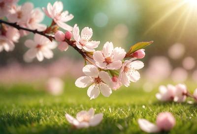 Primary subject: Blossoming flowers on a branch.
Setting/background: A grassy field with a sunny day.
Visual style: A photo of the flowers.
Colors and mood: The flowers are pink, and the overall atmosphere is bright and cheerful.
