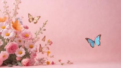 Primary subject: A bouquet of flowers with butterflies flying around them.

Setting/background: A pink background.

Visual style: Digital art.

Colors and mood: The bouquet is predominantly pink, and the overall atmosphere is serene and peaceful.