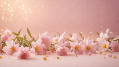 The primary subject of the image is a bouquet of pink flowers. The flowers are scattered across a white surface, creating a visually appealing and elegant scene. The setting appears to be a studio or a controlled environment, as the flowers are arranged in a specific manner. The visual style of the image is a combination of photo and digital art, as it captures the beauty of the flowers while maintaining a clean and polished appearance. The colors and mood of the image are predominantly pink, which evokes feelings of