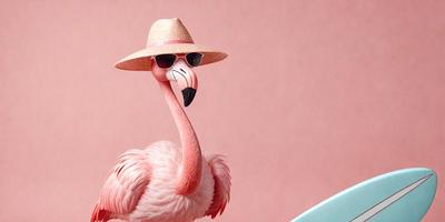 The primary subject of the image is a flamingo, which is wearing a straw hat and sunglasses. The flamingo is standing on a pink surface, which serves as the setting or background. The visual style of the image is a combination of photo and digital art, creating a unique and eye-catching scene. The colors and mood of the image are predominantly pink, giving it a warm and vibrant atmosphere.