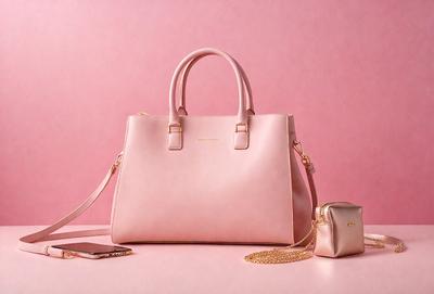 The primary subject of the image is a pink handbag. The handbag is placed on a pink surface, which creates a visually appealing contrast. The setting appears to be a studio or a well-lit room, as the handbag is the main focus of the image. The visual style is a close-up shot of the handbag, highlighting its details and texture. The colors and mood of the image are predominantly pink, creating a warm and inviting atmosphere.
