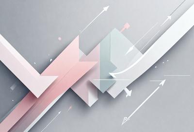 The primary subject of the image is a pink, blue, and white geometric design. The design is made up of triangles and arrows, giving it a modern and abstract appearance. The setting is a gray background, which provides a clean and neutral backdrop for the design. The visual style of the image is a combination of digital art and illustration, as it appears to be a well-crafted and detailed design. The colors and mood of the image are predominantly pink, blue, and white, creating a sense